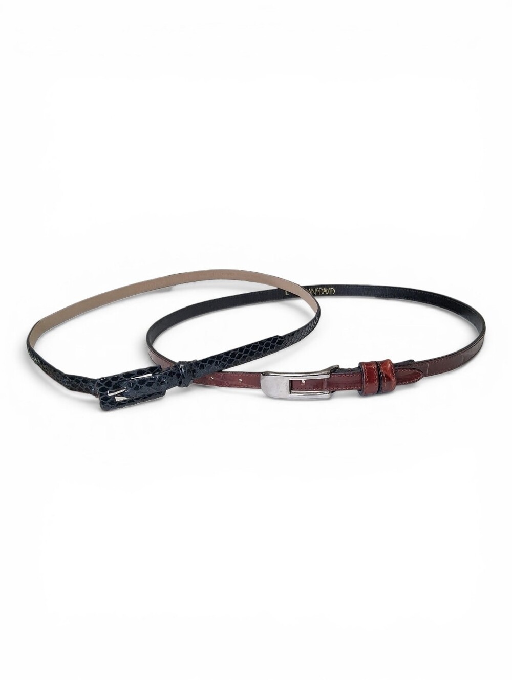 Set of 2 Wmn's Skinny Belts Joan & David Brn Alligator L & Another Line Inc Bk M